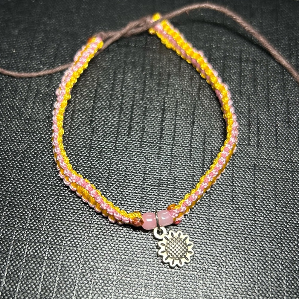 Handmade Sunflower Charm Bracelet with Pink and Yellow Square Knots